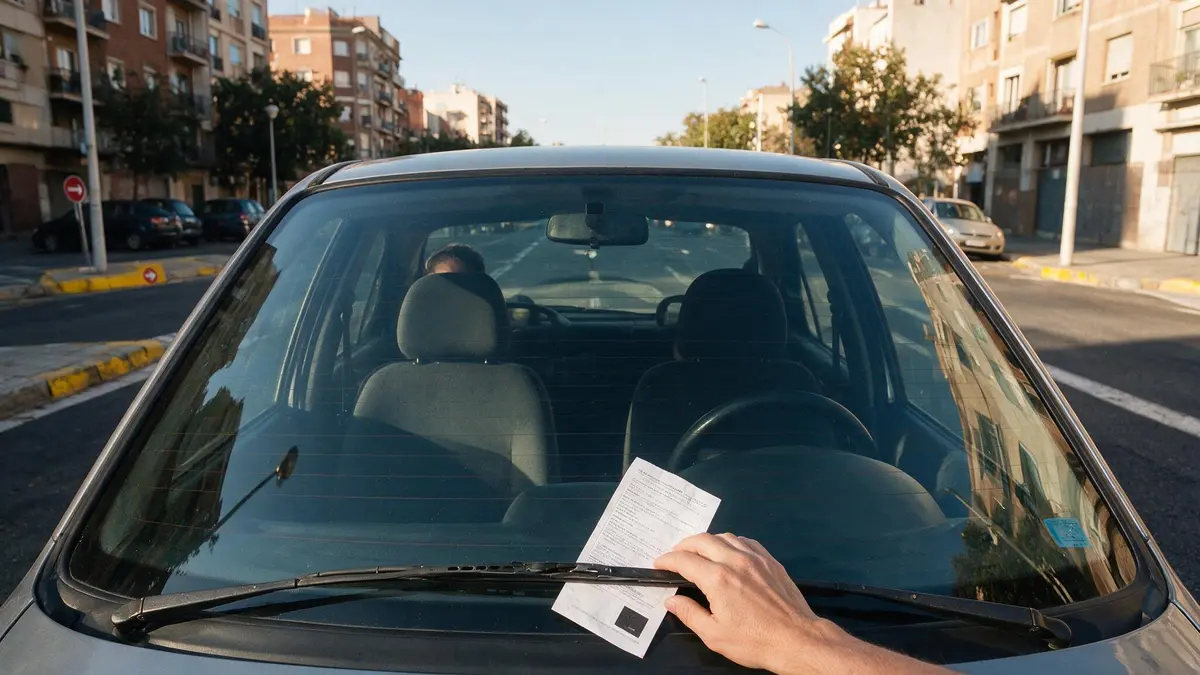 Multa de aparcamiento bajo el limpiaparabrisas de un coche aparcado en Barcelona